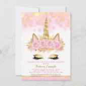 ユニコーンベビーシャワーピンク金ゴールドユニコーン顔 招待状 (正面)