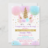 ユニコーンベビーシャワーピンク金ゴールドレインボー 招待状 (正面)