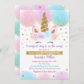 ユニコーンベビーシャワーピンク金ゴールドレインボー 招待状 (正面/裏面)