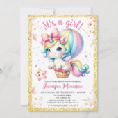 ユニコーンベビーシャワーフローラ赤面ガールピンク&金ゴールド 招待状 (正面)