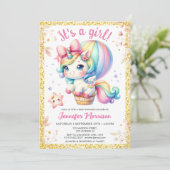 ユニコーンベビーシャワーフローラ赤面ガールピンク&金ゴールド 招待状 (スタンド正面)