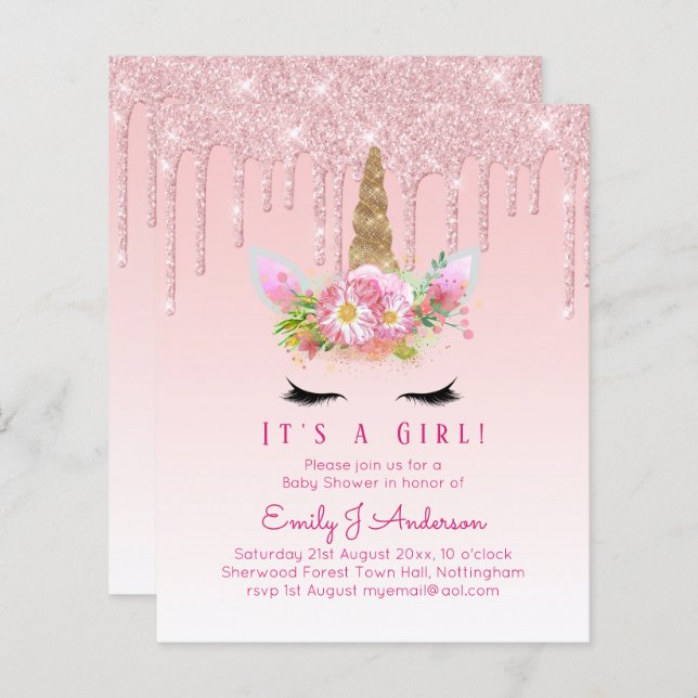 ユニコーンベビーシャワー招待状ピンクガールズカワイイ (正面/裏面)