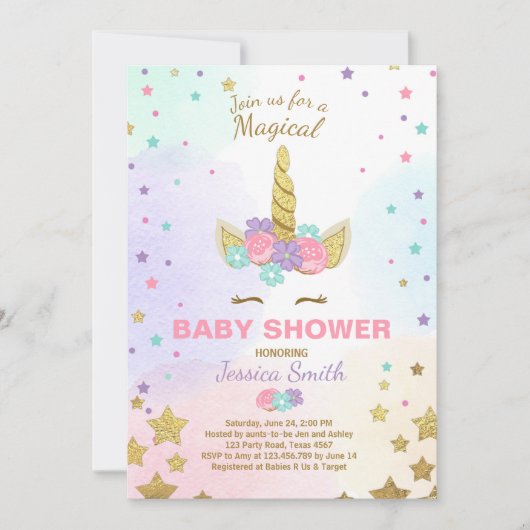 ユニコーンベビーシャワー招待状ピンク金ゴールド魔法 招待状 (正面)