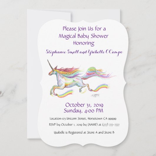 ユニコーンベビーシャワー招待状レインボーカスタムピンク 招待状 (正面)