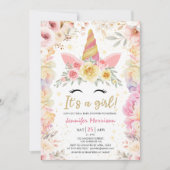 ユニコーンベビーシャワー金ゴールド赤面ピンクガールフローラ 招待状 (正面)