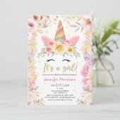 ユニコーンベビーシャワー金ゴールド赤面ピンクガールフローラ 招待状 (スタンド正面)