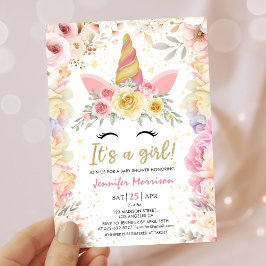 ユニコーンベビーシャワー金ゴールド赤面ピンクガールフローラ 招待状