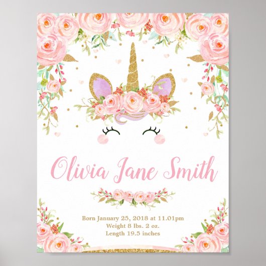 ユニコーンベビー子供部屋ベッドルーム誕生統計サイン ポスター (正面)