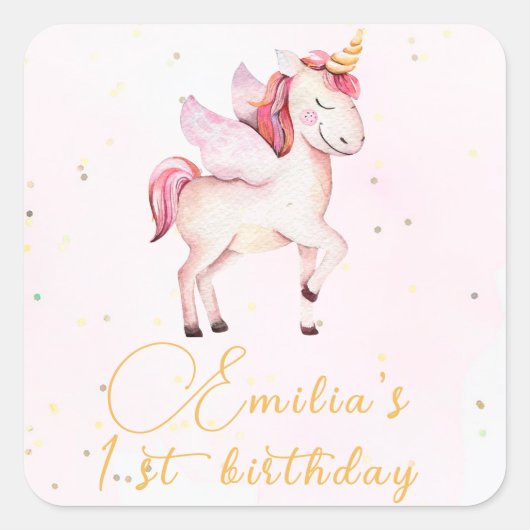ユニコーンペガサスウォーターカラーピンク誕生日女子 スクエアシール (正面)