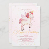 ユニコーンペガサスウォーターカラーピンク誕生日女子 招待状 (正面/裏面)