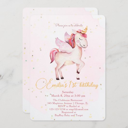 ユニコーンペガサスウォーターカラーピンク誕生日女子 招待状 (正面/裏面)