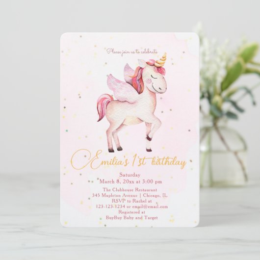 ユニコーンペガサスウォーターカラーピンク誕生日女子 招待状 (スタンド正面)