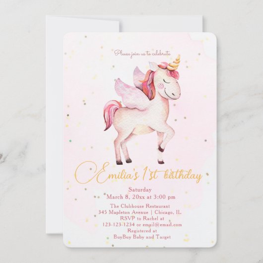 ユニコーンペガサスウォーターカラーピンク誕生日女子 招待状 (正面)