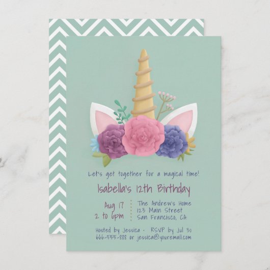 ユニコーンホーン春フローラガールズバースデーパーティー 招待状 (正面/裏面)