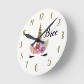 ユニコーンホーン金ゴールドグリッターフローラカスタムファンタジー ラウンド壁時計 (傾斜)