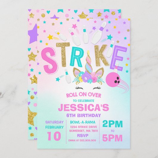 ユニコーンボーリング招待状ボーリング誕生会 招待状 (正面/裏面)