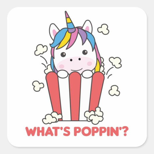 ユニコーンポップコーンおもしろいWhats Poppin スクエアシール (正面)