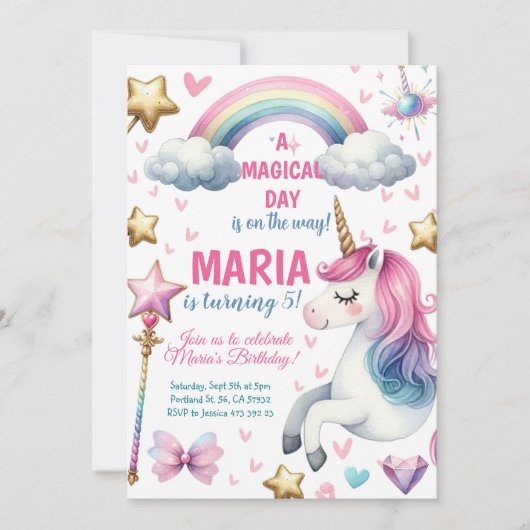 ユニコーンマジカルデイパステル子供の誕生日パーティー 招待状 (正面)