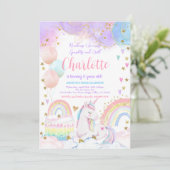 ユニコーンマジカルバースデーパーティーガールパステルレインボー 招待状 (スタンド正面)