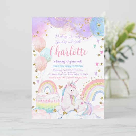 ユニコーンマジカルバースデーパーティーガールパステルレインボー 招待状 (スタンド正面)