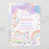 ユニコーンマジカルバースデーパーティーガールパステルレインボー 招待状 (正面/裏面)