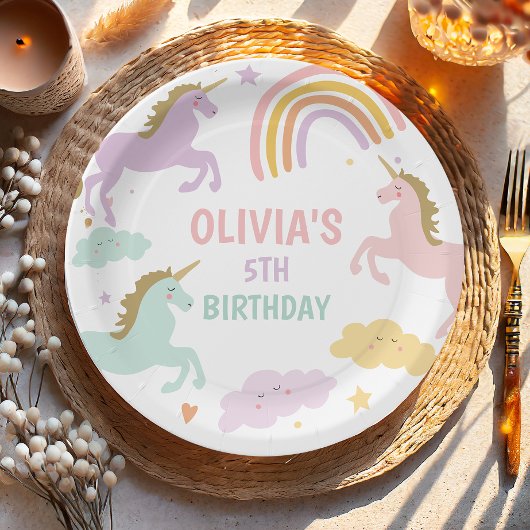 ユニコーンマジカルレインボーお祝いガール誕生日 ペーパープレート