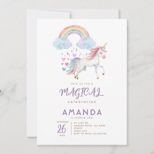 ユニコーンマジカルレインボーウォーターカラー誕生日 招待状 (正面)