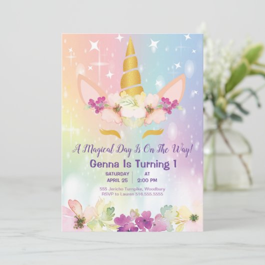 ユニコーンマジカルレインボーフェイク金ゴールド1st誕生日 招待状 (スタンド正面)