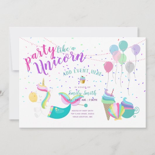 ユニコーンマーメイドプリンセス誕生日招待状 招待状 (正面)
