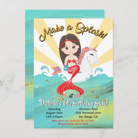 ユニコーンマーメイドプールパーティー誕生日パーティー 招待状 (正面/裏面)