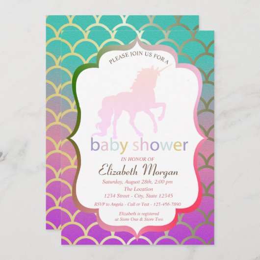 ユニコーンマーメイドベビーはかりで測シャワー招待状 招待状 (正面/裏面)