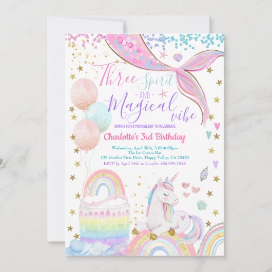 ユニコーンマーメイド 3歳の誕生日パーティーマジカル 招待状 (正面)