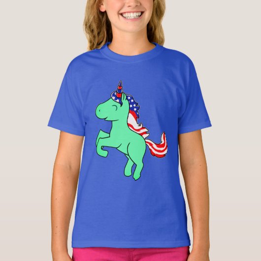 ユニコーンミントグリーン愛国的USA国旗Mane女の子 Tシャツ (正面)