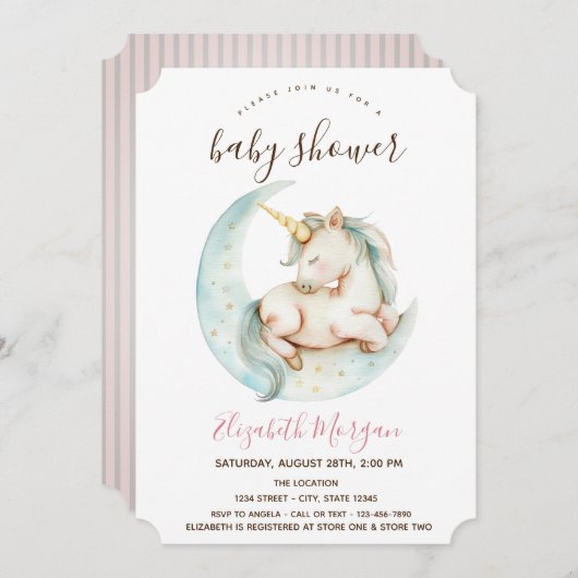 ユニコーンムーンピンクストライプ色のベビースシャワー 招待状 (正面/裏面)