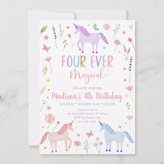 ユニコーンメドウフラワーフォーエバーマジカル誕生日 招待状 (正面)
