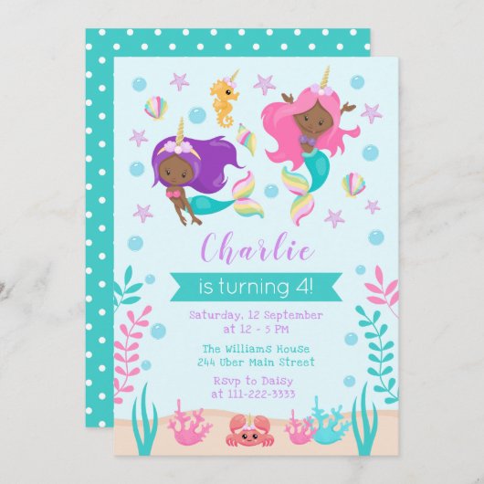 ユニコーンメルメイド誕生日ダークスキントーン 招待状 (正面/裏面)