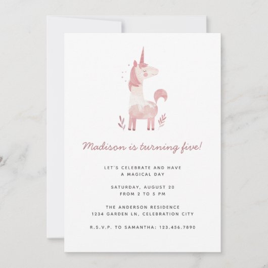 ユニコーンモダンピンク水玉模様子供の誕生日パーティー 招待状 (正面)