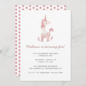 ユニコーンモダンピンク水玉模様子供の誕生日パーティー 招待状 (正面/裏面)