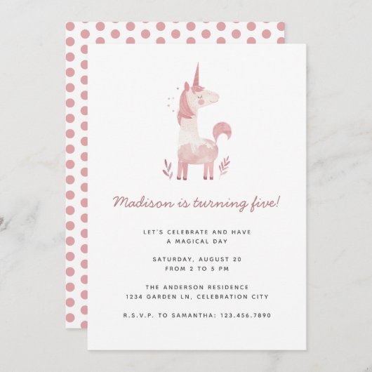 ユニコーンモダンピンク水玉模様子供の誕生日パーティー 招待状 (正面/裏面)