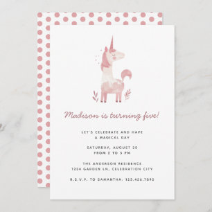 ユニコーンモダンピンク水玉模様子供の誕生日パーティー 招待状