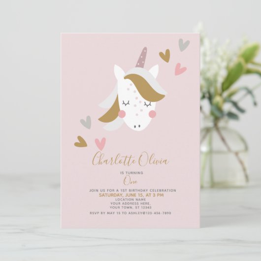 ユニコーンモダンミュートされたピンクの誕生日1 招待状 (スタンド正面)