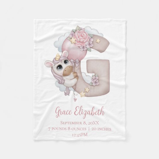 ユニコーンモノグラム文字Gピンクベビーガールギフト フリースブランケット (正面)