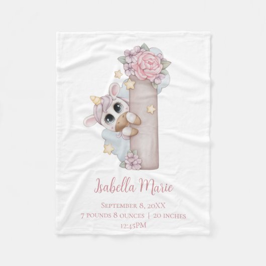 ユニコーンモノグラム文字Iピンク赤ちゃん女の子ギフトバブ フリースブランケット (正面)