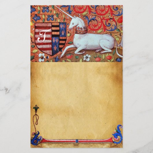 ユニコーンモノグラム茶色フローラ羊皮紙 便箋 (正面)