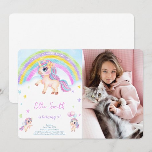 ユニコーンユニコーンの子供の誕生日写真招待状 招待状 (正面/裏面)