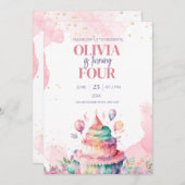 ユニコーンレインボーお誕生日ケーキガールズ誕生日invite 招待状 (正面/裏面)