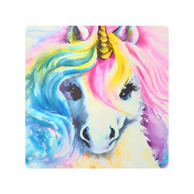 ユニコーンレインボーウォーターカラーメタルプリント メタルプリント (正面)