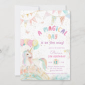 ユニコーンレインボーキュートパステルフォト誕生日 招待状 (正面)