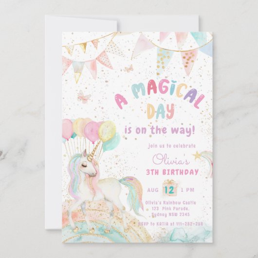 ユニコーンレインボーキュートパステルフォト誕生日 招待状 (正面)