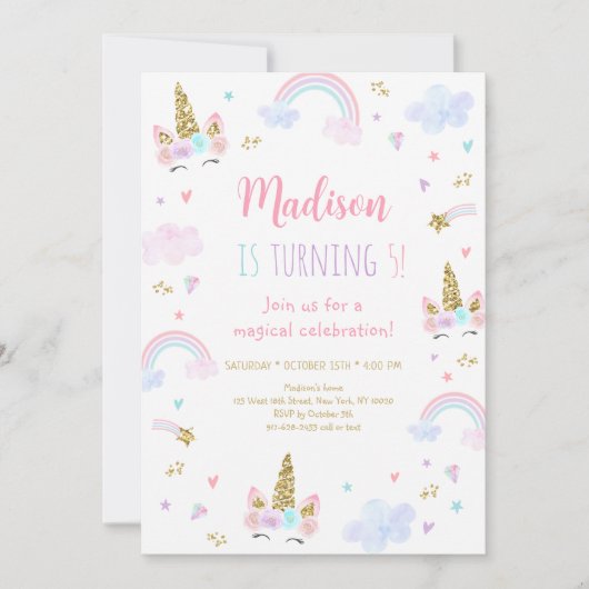 ユニコーンレインボークラウドピンク金ゴールド誕生日 招待状 (正面)